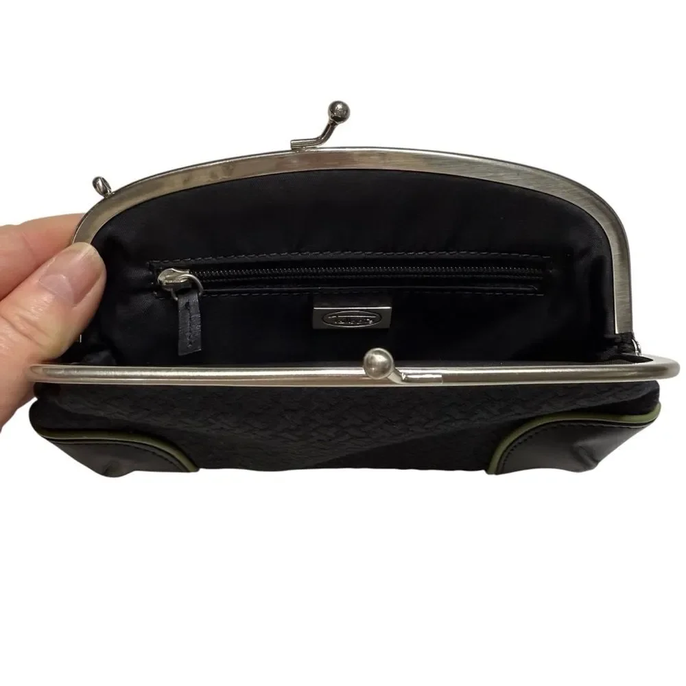 Talbots Leather & Fabric Kiss Lock Mini Clutch Black Green Piping